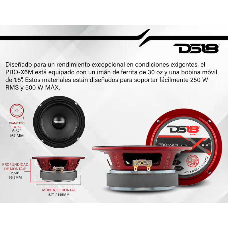 Altavoz Ds18 Medios 6 6.5 Pulgadas Woofer Pro X6m 450w Audio Auto Color Negro