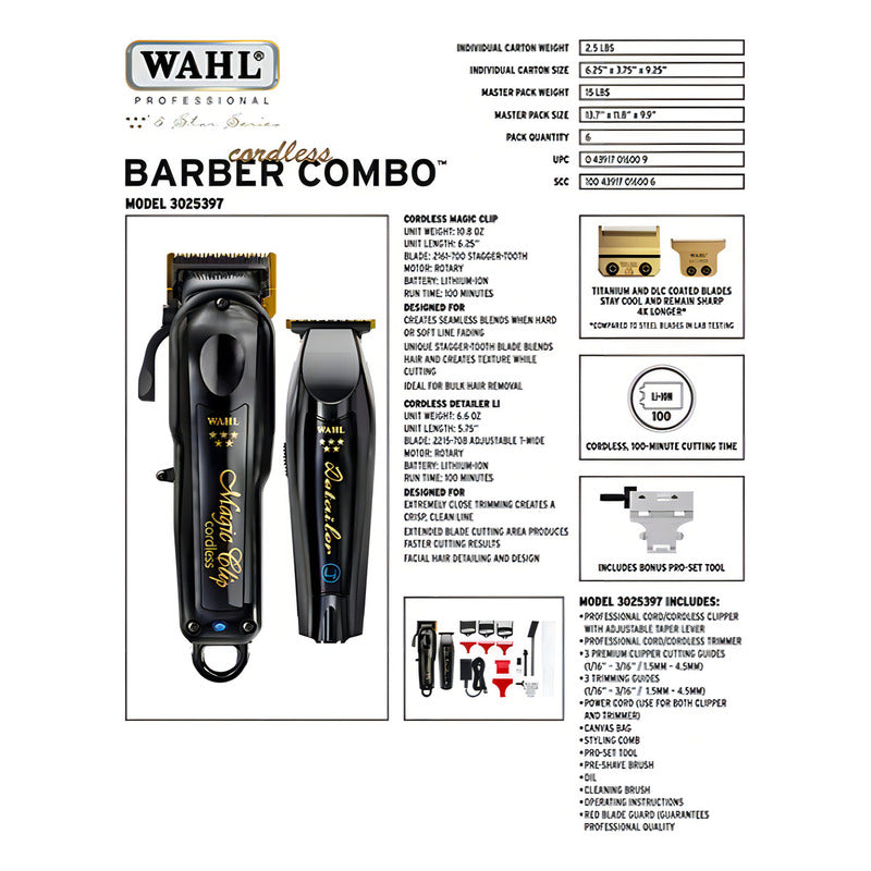 Maquinas Para Cortar Cabello Barber Combo Black Cordless Wahl Con Holograma De Autenticidad Trimmer Detailer Li + Clipper Magic Clip Para Barberías Y Estéticas