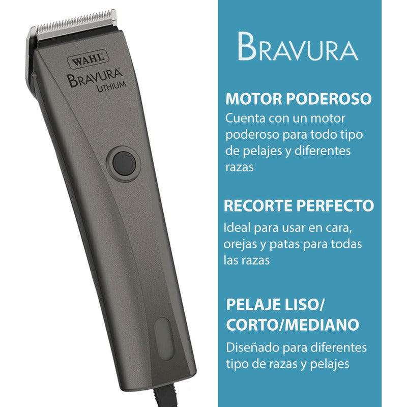Bravura Lithium Wahl Pet, Maquina Rasuradora De Perros Profesional Inalámbrica, Color Gris, Cuchillas 5 En 1, 90 Minutos De Autonomía
