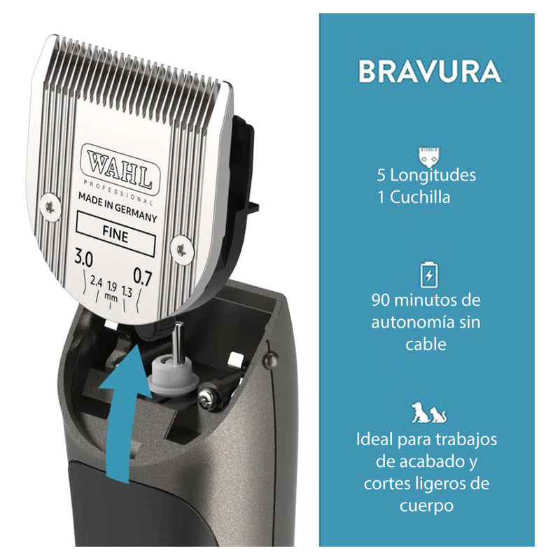 Bravura Lithium Wahl Pet, Maquina Rasuradora De Perros Profesional Inalámbrica, Color Gris, Cuchillas 5 En 1, 90 Minutos De Autonomía