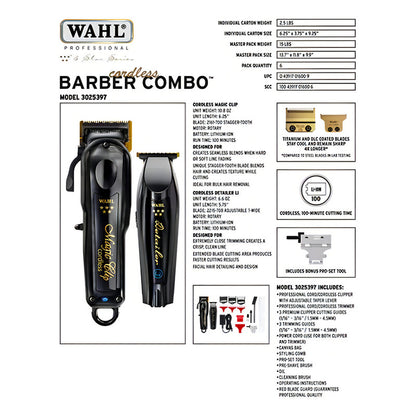 Maquinas Para Cortar Cabello Barber Combo Black Cordless Wahl Con Holograma De Autenticidad Trimmer Detailer Li + Clipper Magic Clip Para Barberías Y Estéticas