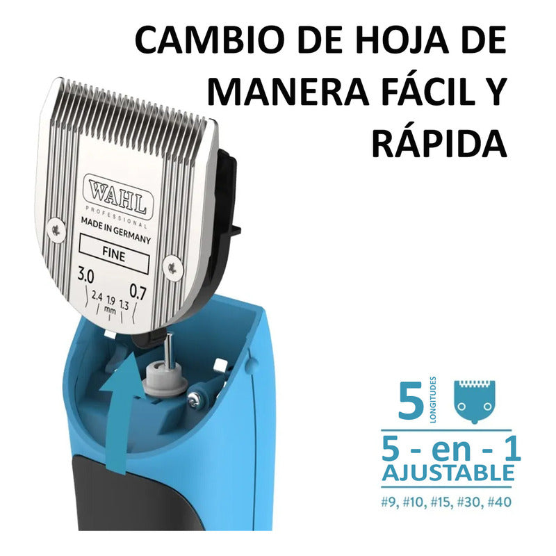 Bravura Lithium Wahl Pet, Maquina Rasuradora De Perros Profesional Inalámbrica, Turquesa, Cuchillas 5 En 1, 90 Minutos De Autonomía