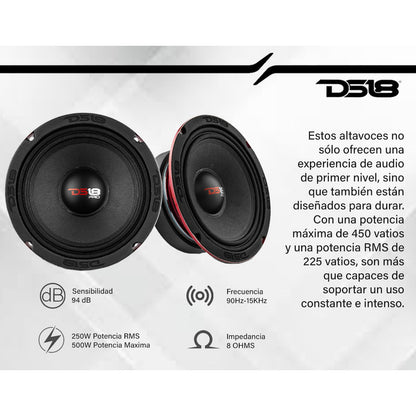 Altavoz Ds18 Medios 6 6.5 Pulgadas Woofer Pro X6m 450w Audio Auto Color Negro